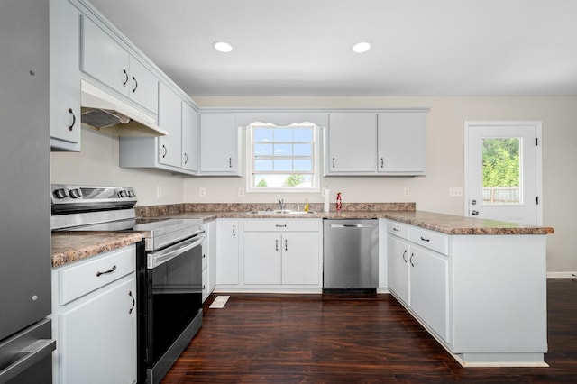 380 Strawberry Dr, Winchester, TN 37398 - kitchen with appliances with stainless steel finishes, a sink, a peninsula, under cabinet range hood, and plenty of natural light