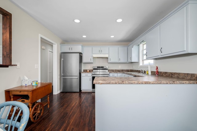 380 Strawberry Dr, Winchester, TN 37398 - kitchen featuring stainless steel appliances, under cabinet range hood, a sink, dark wood finished floors, and a peninsula