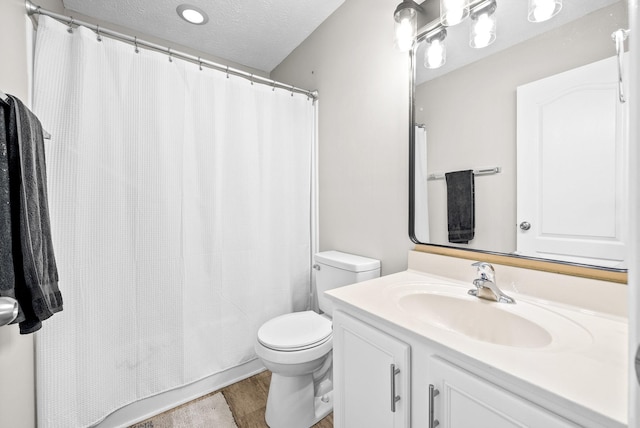 2829 Sharpie Dr, Clarksville, TN 37040 - bathroom featuring toilet, a textured ceiling, vanity, wood finished floors, and a shower with curtain