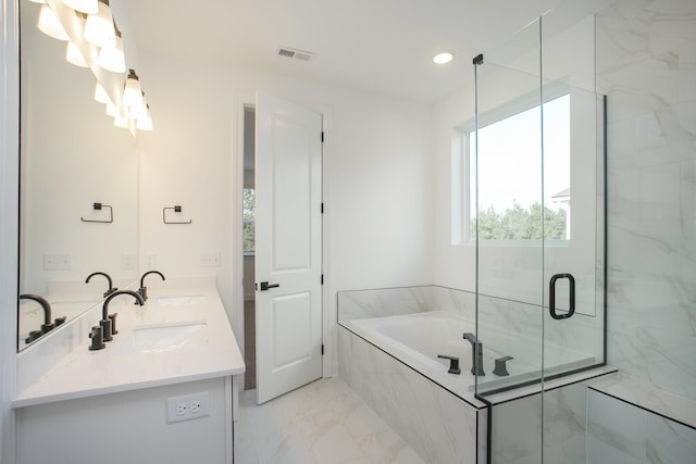122 W Cassa Way, Mount Juliet, TN 37122 - full bathroom featuring marble look tiles, a marble finish shower, double vanity, a bath, and recessed lighting