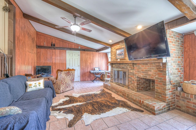 1111 Greenhill St, Murfreesboro, TN 37129 - living area with wood walls, a brick fireplace, and a ceiling fan