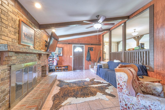 1111 Greenhill St, Murfreesboro, TN 37129 - living room featuring wooden walls, ceiling fan, and a brick fireplace
