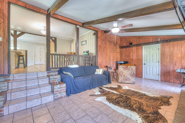 1111 Greenhill St, Murfreesboro, TN 37129 - living room with wood walls, beam ceiling, and ceiling fan