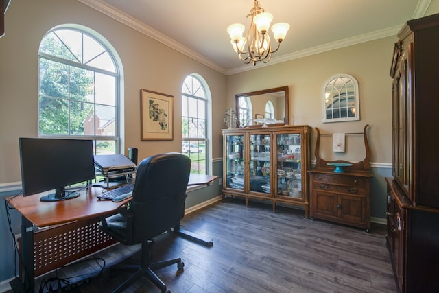 237 Dandridge Dr, Franklin, TN 37067 - office with a chandelier, dark wood-style flooring, ornamental molding, and baseboards