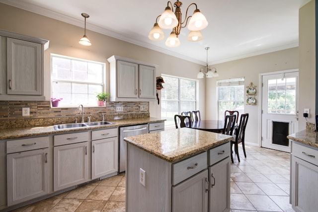 237 Dandridge Dr, Franklin, TN 37067 - kitchen with a sink, a chandelier, gray cabinets, stainless steel dishwasher, and ornamental molding