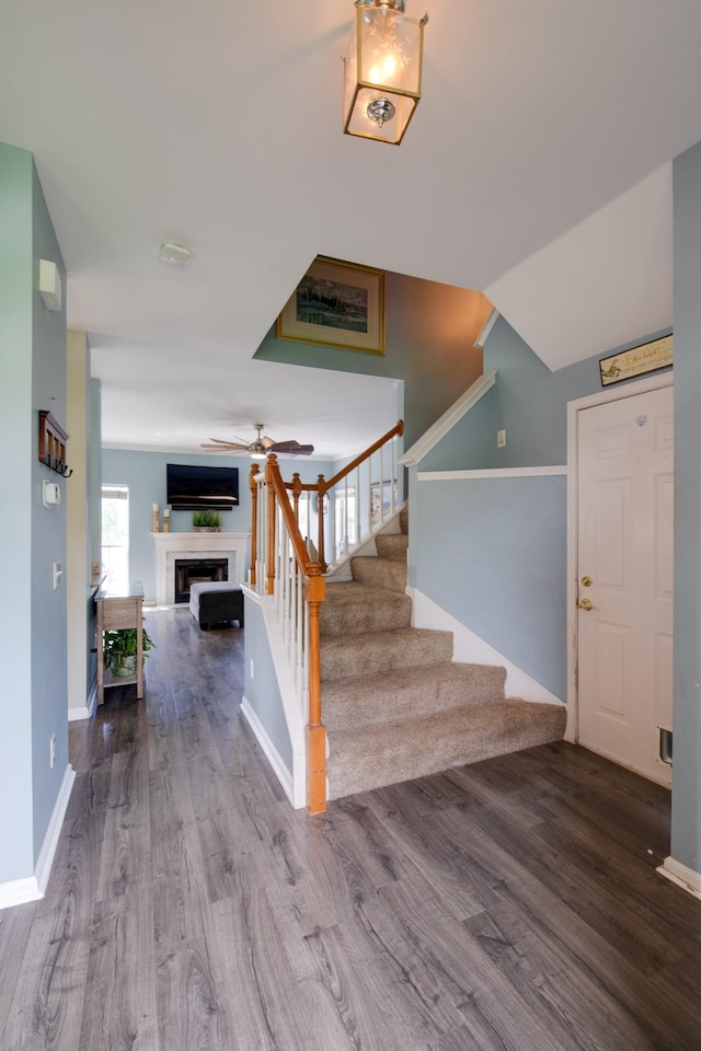 237 Dandridge Dr, Franklin, TN 37067 - stairway with wood finished floors, a fireplace, a ceiling fan, and baseboards