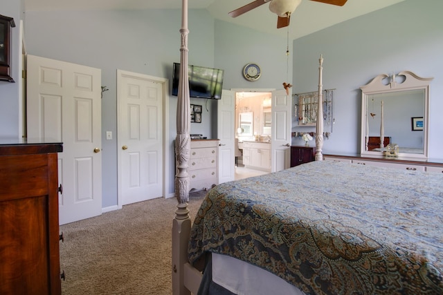 237 Dandridge Dr, Franklin, TN 37067 - bedroom with high vaulted ceiling, carpet floors, ceiling fan, and ensuite bathroom
