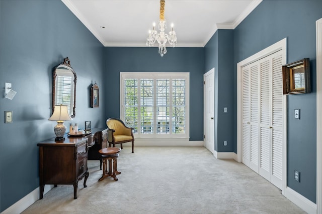 901 Fair St, Franklin, TN 37064 - living area with a chandelier, carpet floors, crown molding, and baseboards