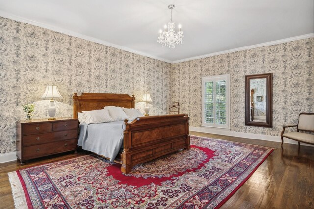 901 Fair St, Franklin, TN 37064 - bedroom with a chandelier, wood finished floors, baseboards, crown molding, and wallpapered walls