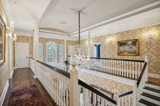 901 Fair St, Franklin, TN 37064 - corridor with a chandelier, ornate columns, wood finished floors, an upstairs landing, and vaulted ceiling