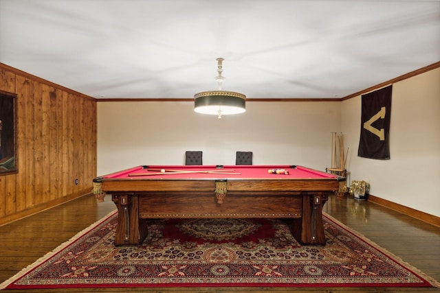 901 Fair St, Franklin, TN 37064 - rec room with hardwood / wood-style flooring, baseboards, pool table, crown molding, and wood walls