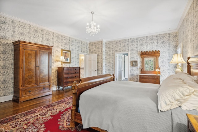 901 Fair St, Franklin, TN 37064 - bedroom with wood finished floors, a chandelier, ornamental molding, wallpapered walls, and baseboards