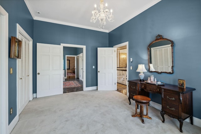 901 Fair St, Franklin, TN 37064 - carpeted bedroom featuring a chandelier, baseboards, and ornamental molding