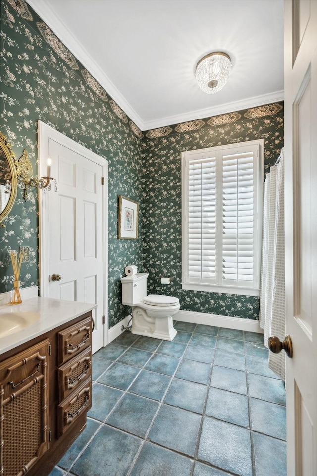 901 Fair St, Franklin, TN 37064 - full bathroom with wallpapered walls, baseboards, ornamental molding, vanity, and toilet