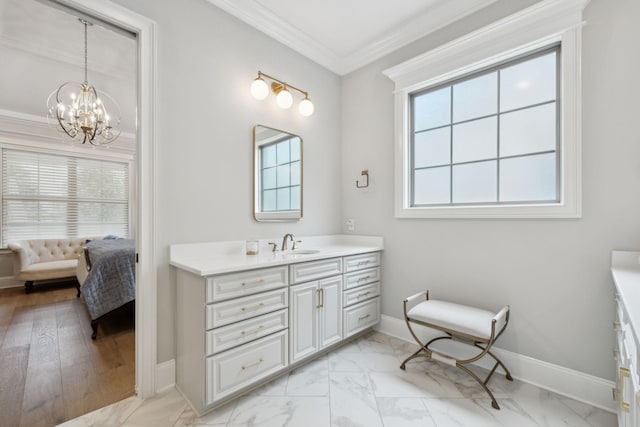 2143 White Poplar Ct, Murfreesboro, TN 37130 - bathroom with marble look tile flooring, ornamental molding, baseboards, vanity, and a chandelier