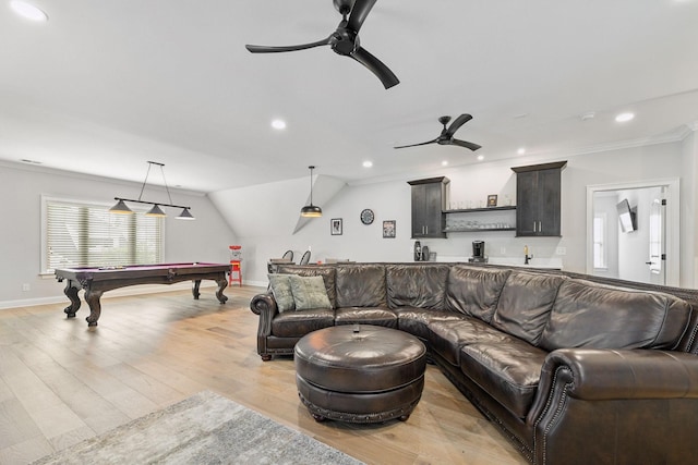 2143 White Poplar Ct, Murfreesboro, TN 37130 - living area featuring a ceiling fan, billiards table, light wood finished floors, recessed lighting, and crown molding