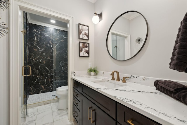 2143 White Poplar Ct, Murfreesboro, TN 37130 - full bath featuring marble finish floors, toilet, crown molding, a marble finish shower, and vanity