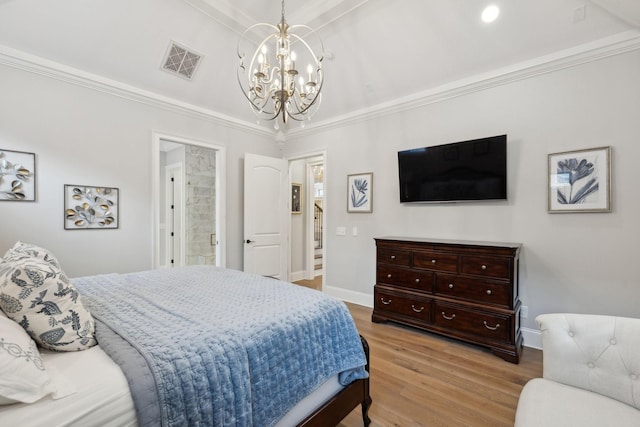 2143 White Poplar Ct, Murfreesboro, TN 37130 - bedroom featuring a chandelier, wood finished floors, crown molding, baseboards, and connected bathroom