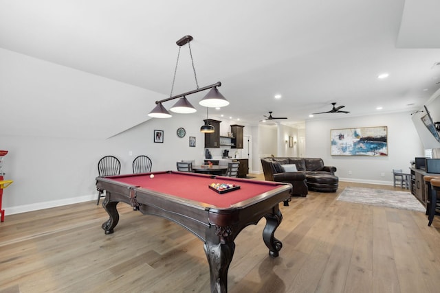 2143 White Poplar Ct, Murfreesboro, TN 37130 - recreation room featuring light wood-style flooring, billiards table, a ceiling fan, baseboards, and recessed lighting