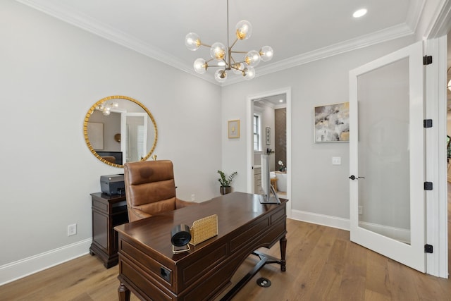 2143 White Poplar Ct, Murfreesboro, TN 37130 - home office featuring a chandelier, light wood-type flooring, crown molding, baseboards, and recessed lighting