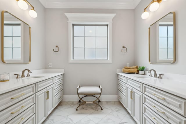 2143 White Poplar Ct, Murfreesboro, TN 37130 - bathroom with marble look tiles, two vanities, and baseboards