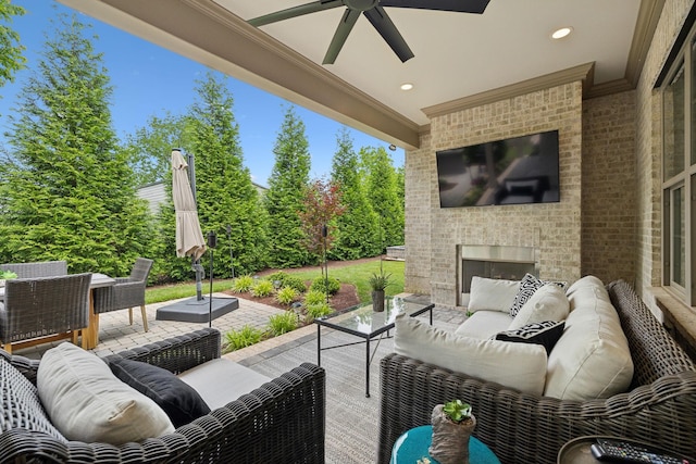 2143 White Poplar Ct, Murfreesboro, TN 37130 - view of patio with an outdoor living space with a fireplace, a ceiling fan, and outdoor dining space