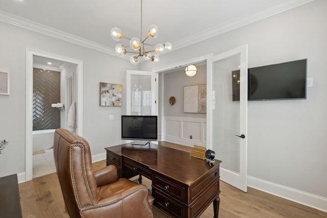 2143 White Poplar Ct, Murfreesboro, TN 37130 - office area featuring light wood-style flooring, crown molding, a chandelier, and baseboards