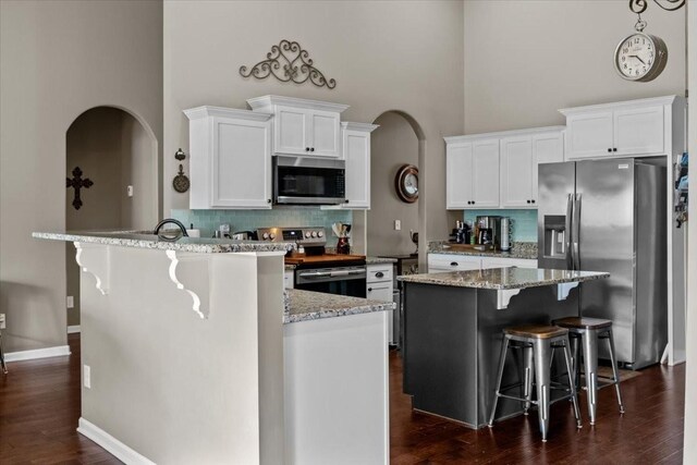 7211 Deervalley Dr, Fairview, TN 37062 - kitchen featuring stainless steel appliances, a towering ceiling, arched walkways, white cabinets, and dark wood finished floors