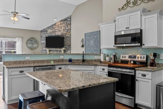 7211 Deervalley Dr, Fairview, TN 37062 - kitchen with appliances with stainless steel finishes, vaulted ceiling, a peninsula, ceiling fan, and a sink