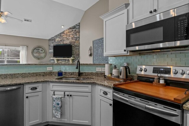 7211 Deervalley Dr, Fairview, TN 37062 - kitchen featuring stainless steel appliances, a sink, lofted ceiling, backsplash, and ceiling fan