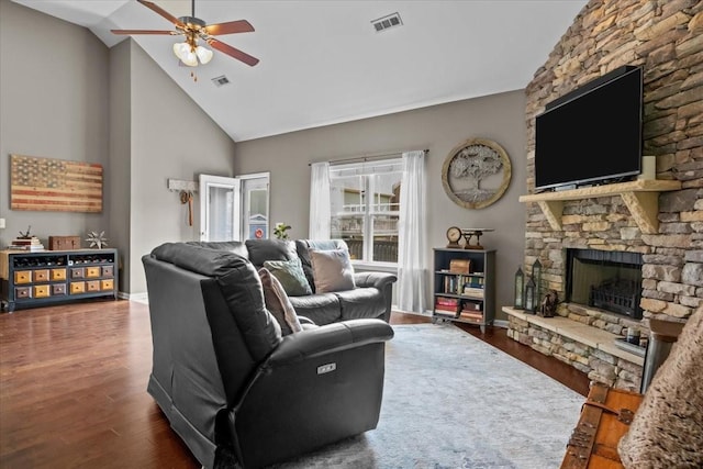7211 Deervalley Dr, Fairview, TN 37062 - living area featuring a ceiling fan, a fireplace, high vaulted ceiling, wood finished floors, and baseboards