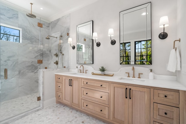 520 Mansion Dr, Brentwood, TN 37027 - full bathroom with a marble finish shower, double vanity, and recessed lighting