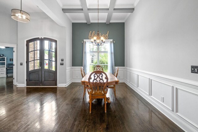 1161 Reda Dr, Clarksville, TN 37042 - dining area with a chandelier, french doors, a high ceiling, beam ceiling, and wood finished floors