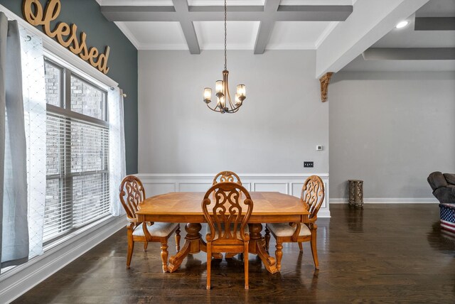 1161 Reda Dr, Clarksville, TN 37042 - dining area with beam ceiling, coffered ceiling, a chandelier, wood finished floors, and wainscoting