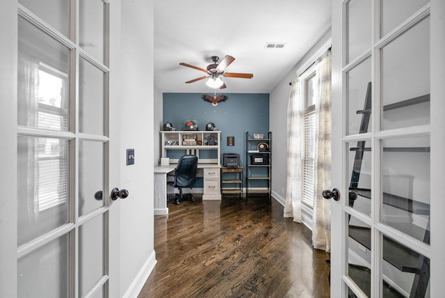 1161 Reda Dr, Clarksville, TN 37042 - office area with french doors, ceiling fan, dark wood-style flooring, and baseboards