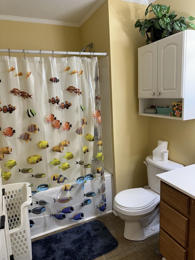 1140 Brittany Park Ln, Antioch, TN 37013 - full bathroom with crown molding, toilet, a textured ceiling, a shower with curtain, and vanity