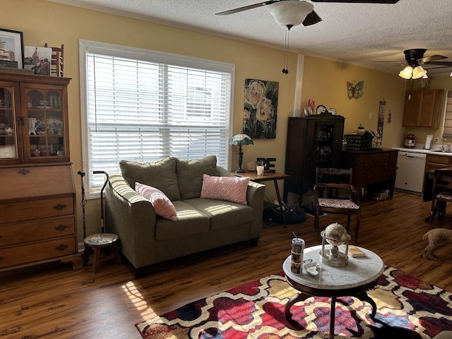 1140 Brittany Park Ln, Antioch, TN 37013 - living area featuring ceiling fan, wood finished floors, a textured ceiling, and ornamental molding