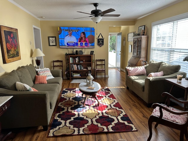 1140 Brittany Park Ln, Antioch, TN 37013 - living area with ceiling fan, wood finished floors, a textured ceiling, and ornamental molding