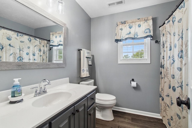 6928 Hoover Mason Ln, Mount Pleasant, TN 38474 - full bath featuring toilet, wood finished floors, vanity, baseboards, and a shower with curtain