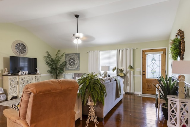 147 Crimson Dr, Winchester, TN 37398 - living area featuring lofted ceiling, dark wood finished floors, baseboards, and a ceiling fan