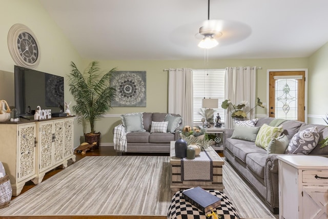 147 Crimson Dr, Winchester, TN 37398 - living room with a ceiling fan, wood finished floors, and baseboards