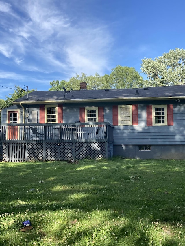 1402 Clarke St, Old Hickory, TN 37138 - ranch-style house featuring a deck, a front yard, and a chimney