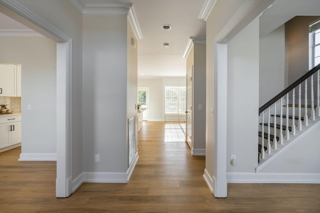 100 Nancy Ct, Hermitage, TN 37076 - corridor featuring ornamental molding, wood finished floors, baseboards, and stairway
