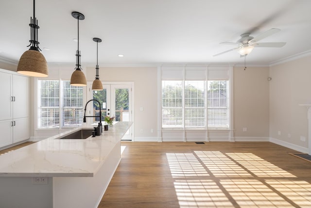 100 Nancy Ct, Hermitage, TN 37076 - kitchen with a sink, ornamental molding, light wood-style flooring, white cabinets, and a ceiling fan