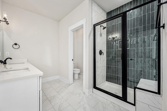 0 Stonehorn Dr, Bell Buckle, TN 37020 - full bath featuring marble look tile flooring, a stall shower, toilet, baseboards, and double vanity