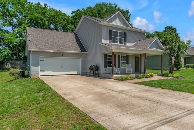 421 Willis Way, Columbia, TN 38401 - traditional-style home featuring covered porch, an attached garage, concrete driveway, a shingled roof, and a front lawn