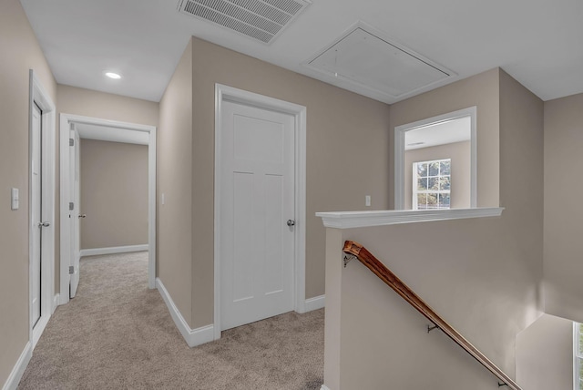 421 Willis Way, Columbia, TN 38401 - hallway with attic access, an upstairs landing, light colored carpet, baseboards, and recessed lighting