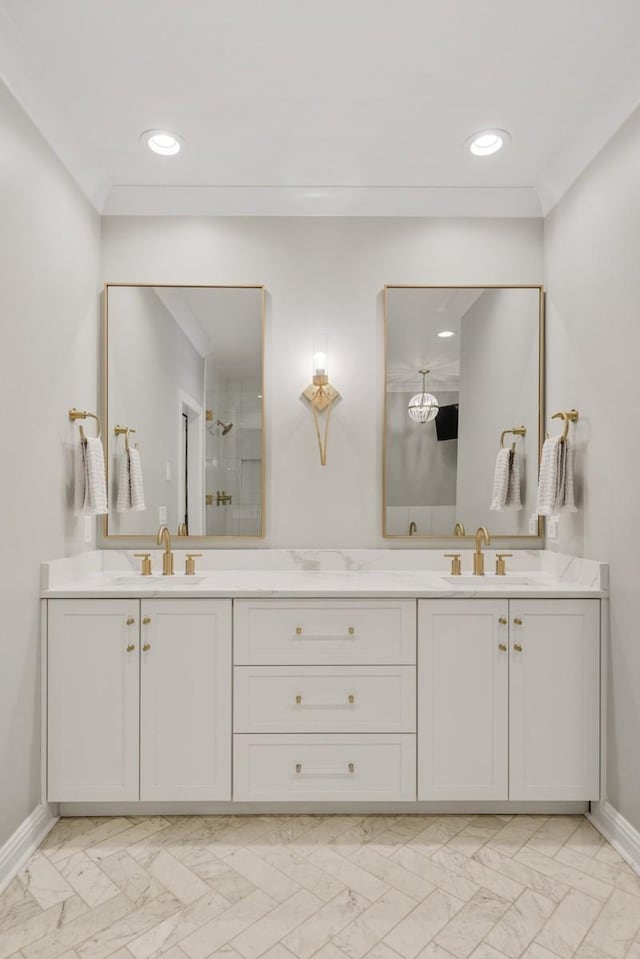 9413 Clovercroft Rd, Franklin, TN 37067 - full bath featuring marble look tile flooring, double vanity, tiled shower, recessed lighting, and baseboards