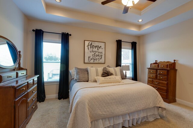 3715 Petty Ln, Columbia, TN 38401 - bedroom featuring light colored carpet, a tray ceiling, baseboards, ceiling fan, and recessed lighting