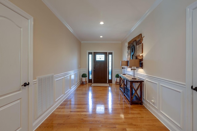 3715 Petty Ln, Columbia, TN 38401 - entryway with light wood finished floors, recessed lighting, wainscoting, ornamental molding, and a decorative wall